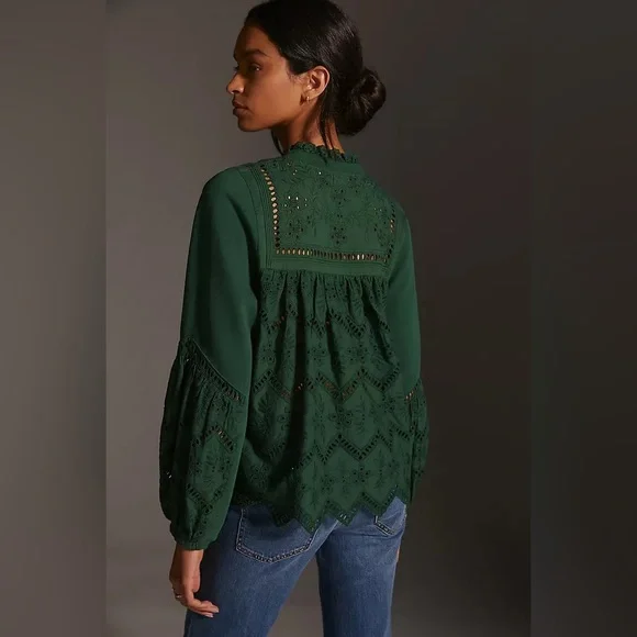 Anthropologie Forever That Girl Sweatshirt Womens Small Green Eyelet Boho - Picture 1 of 8